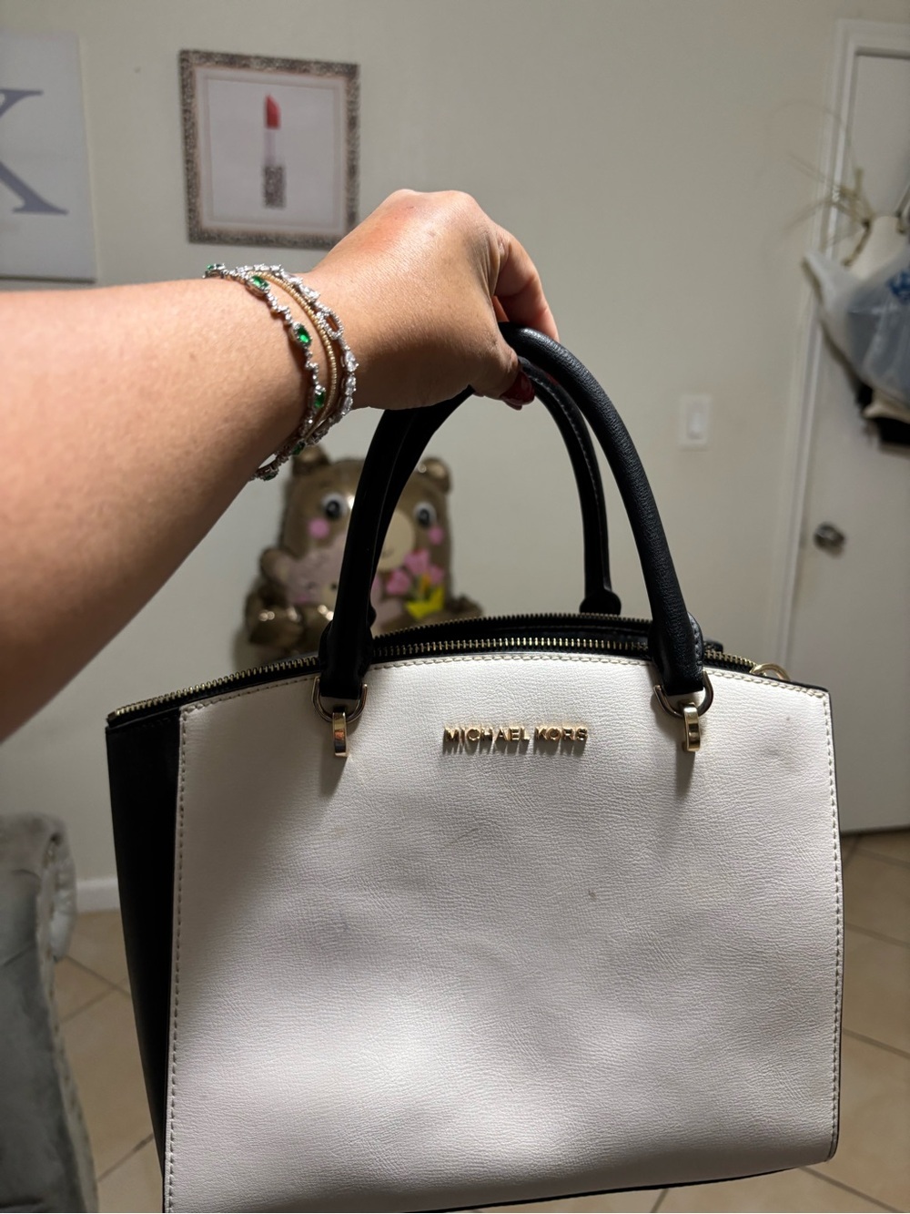 Michael Kors Black and White Leather Satchel with Gold Hardware